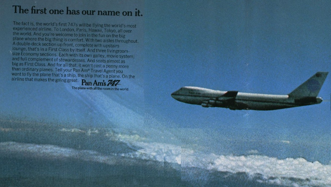1970, February, An ad from a timetable promoting Pan Am as the first airline with a 747.